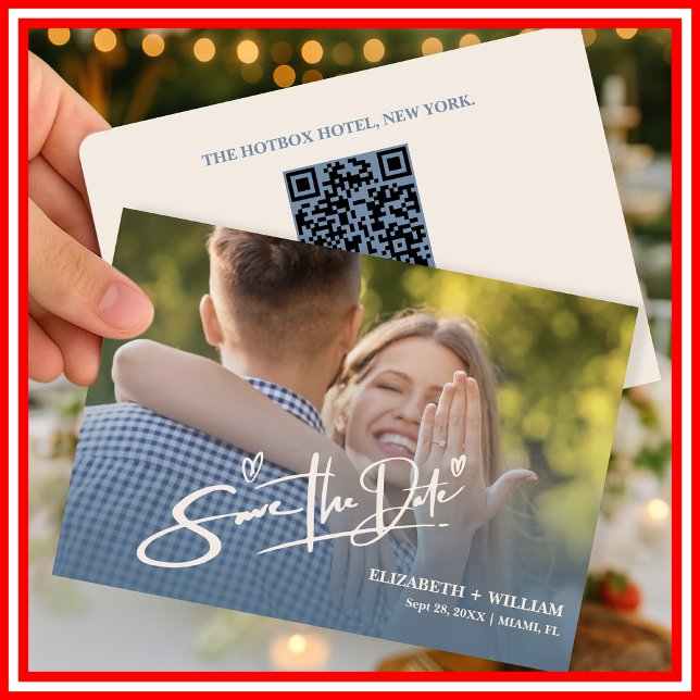 Dusty Blue Wedding Foto QR Code Elegant Save The Date (Von Creator hochgeladen)