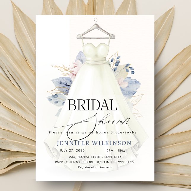 Dusty Blue Wedding Gown Dress Brautparty Einladung (Dusty Blue Wedding Gown Dress Bridal Shower Invitation)
