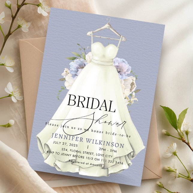 Dusty Blue Wedding Gown Dress Brautparty Einladung (Dusty Blue Wedding Gown Dress Bridal Shower Invitation)