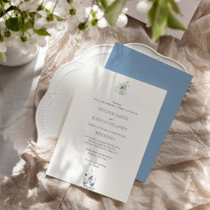 Dusty Blue Wedding   Minimaler botanischer Entwurf Einladung