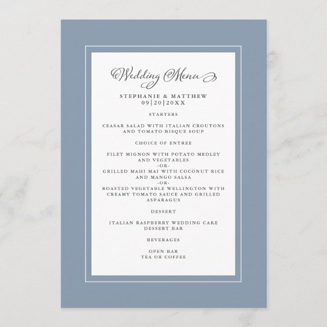 Dusty Blue Wedding Modern Chic Borders Menükarte (Vorderseite)