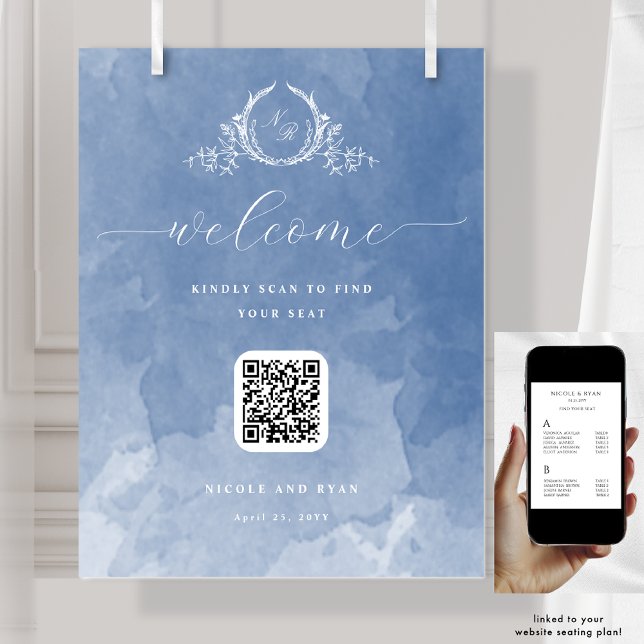 Dusty Blue Wedding Monogram QR-Coding-Zeichen Poster (Von Creator hochgeladen)
