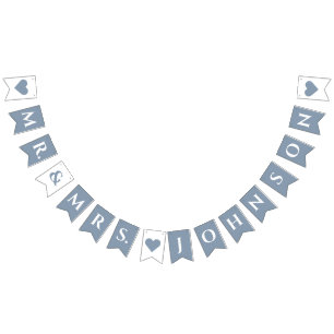 Dusty Blue Wedding Mr. & Mrs. 7 Letter Name Hearts Wimpelkette
