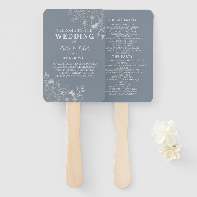 Dusty Blue Wedding Program Hand Fan Fächer (Vorne und Hinten)