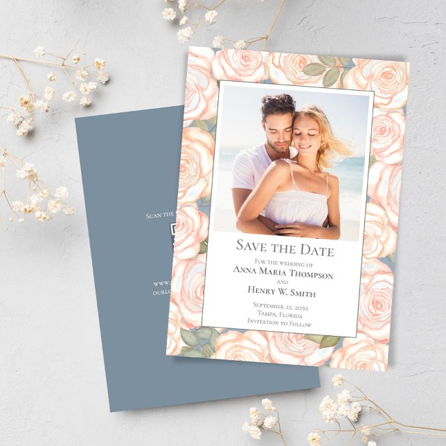 Dusty Blue Wedding Save the Date Floral Foto (Elegant blush pink floral design save the date photo card)