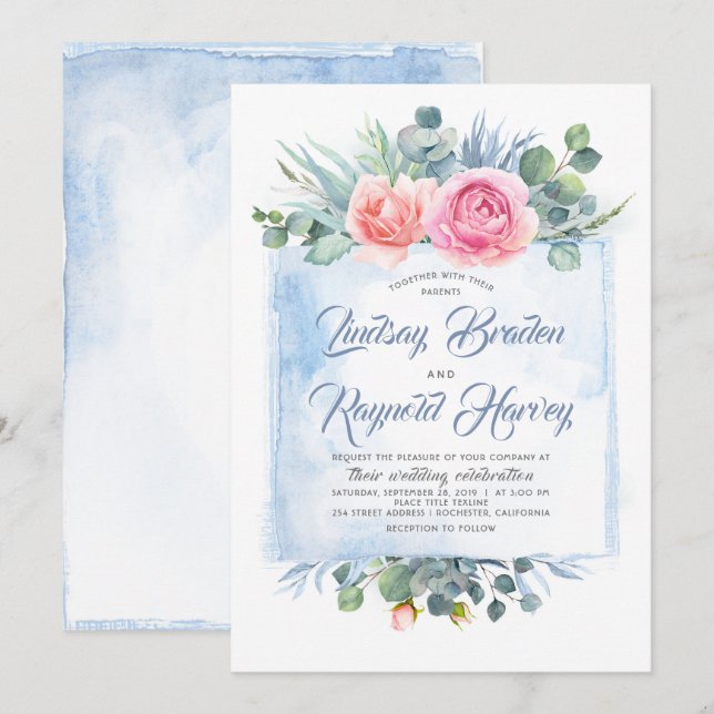 Dusty Blue Wedding | Schwarz und Rosa Einladung (Vorne/Hinten)