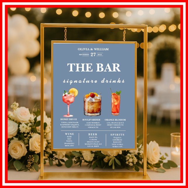 Dusty Blue Wedding Signature Drinks Bar Menu Poster (Von Creator hochgeladen)
