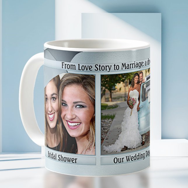 Dusty Blue Wedding Story Board Foto Kaffeetasse (Storyboard timeline modern personalized wedding photo mug in dusty blue - wedding gift)