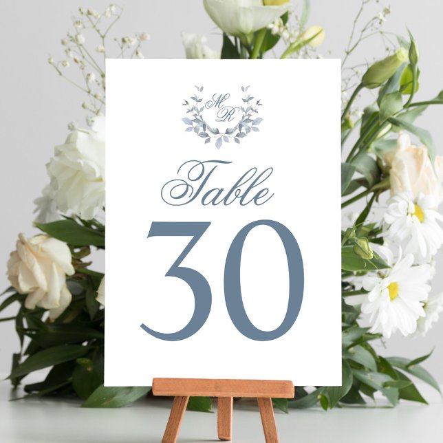 Dusty Blue Wedding Tischnummer Monogram Motif (Elegant dusty blue wedding table number card.)