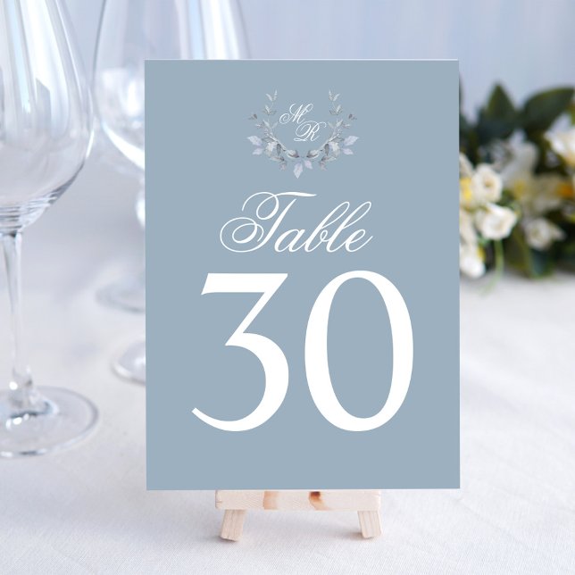 Dusty Blue Wedding Tischnummer Monogram Motif (Wedding elegant dusty blue table number.)
