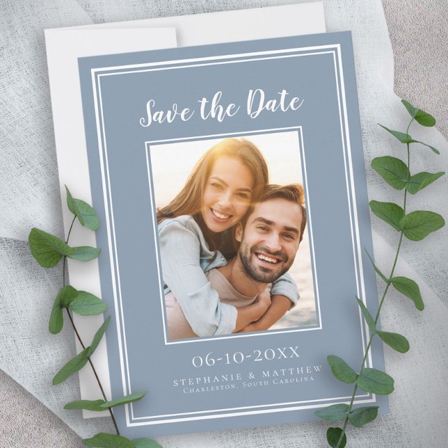 Dusty Blue Wedding Verlobung Couple Foto Modernes Save The Date (Von Creator hochgeladen)