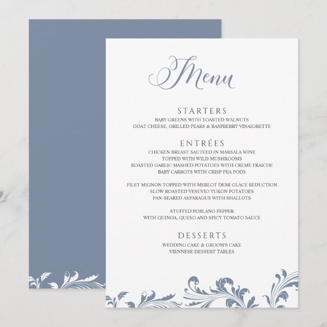 Dusty Blue Wedding Vintag Elegant Classic Menükarte (Vorne/Hinten)