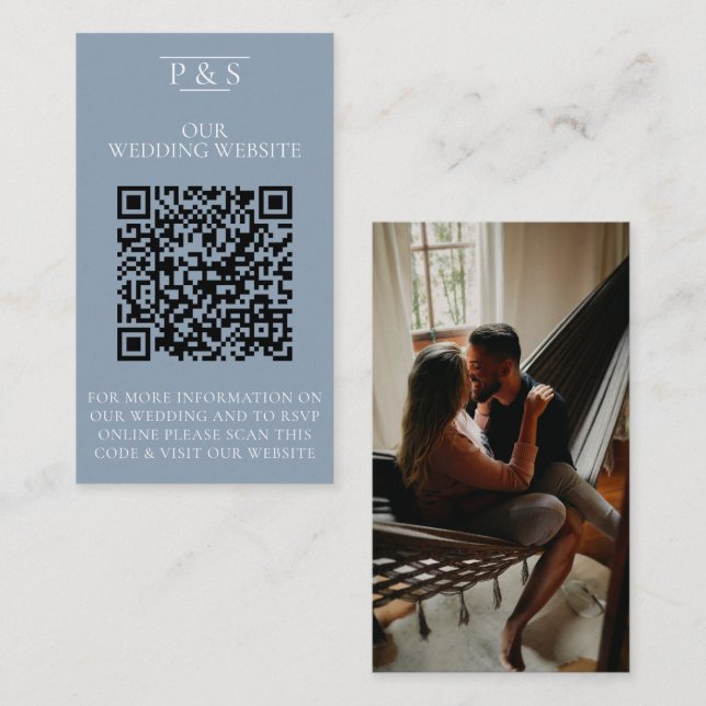 Dusty blue Wedding Website QR Code Photo Rsvp    Begleitkarte (Vorne/Hinten)