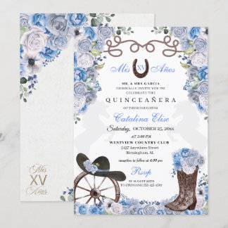 Dusty Blue Western Charra Ranchero Quinceanera Einladung