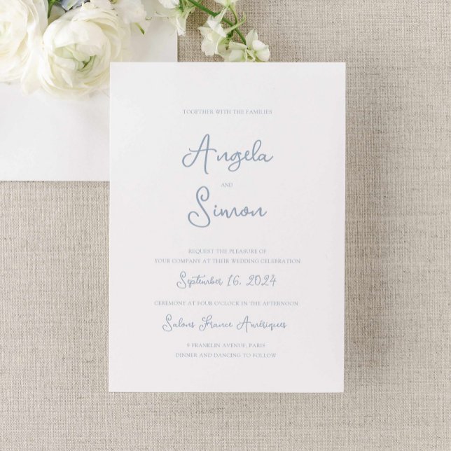 Dusty Blue Whimsical Bow Cherub Wedding Einladung (dusty blue wedding invitation, vintage french inspired hand written cherub bow illustrated)