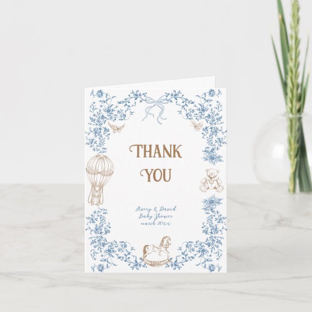 Dusty Blue Whimsical Floral Toile Baby Dusche Dankeskarte (Vorderseite)