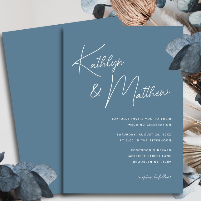 Dusty Blue Whimsical Script Moderne Hochzeit Einladung (Von Creator hochgeladen)