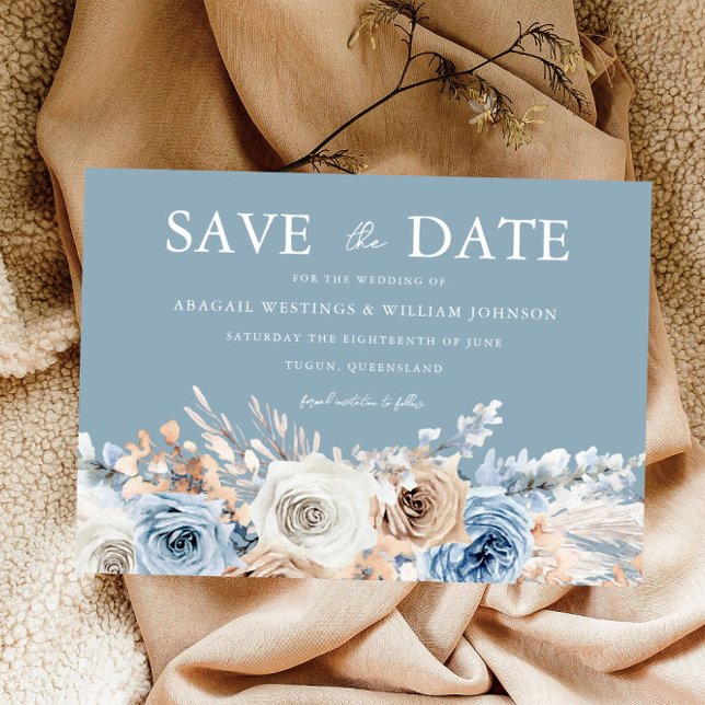 Dusty Blue & White Bohemian Floral Modern Wedding Save The Date (Von Creator hochgeladen)