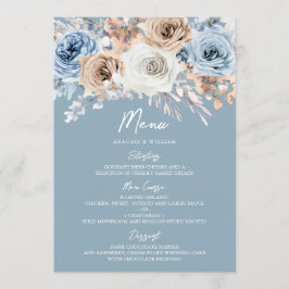 Dusty Blue & White Bohemisch Floral Moderne Hochze Menükarte