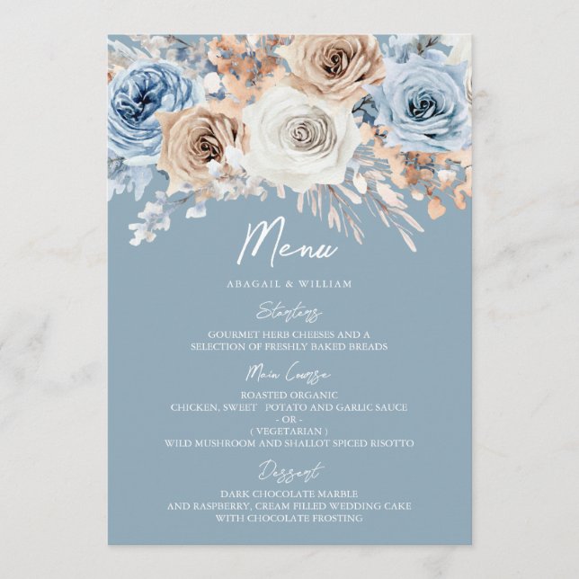 Dusty Blue & White Bohemisch Floral Moderne Hochze Menükarte (Vorderseite)