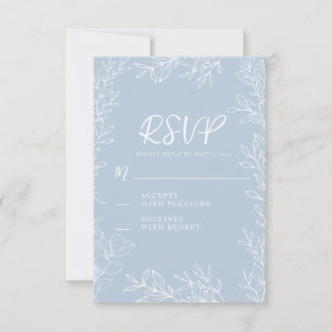 Dusty Blue White Botanical Blätter Wedding RSVP Karte