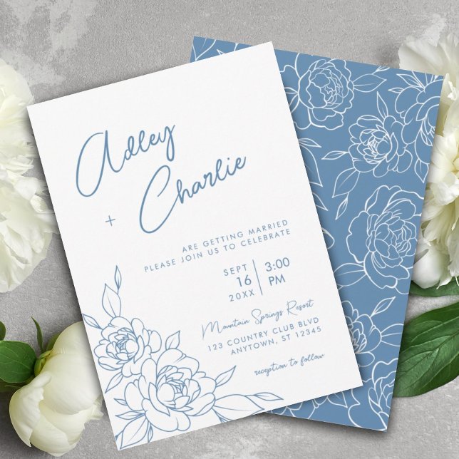 Dusty Blue & White Botanical Line Zeichnend Hochze Einladung (Von Creator hochgeladen)