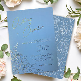 Dusty Blue & White Botanical Line Zeichnend Hochze Folieneinladung