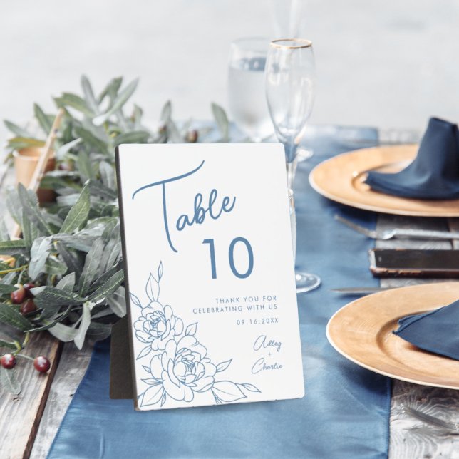 Dusty Blue & White Botanical Wedding Tischnummer Fotoplatte (Von Creator hochgeladen)