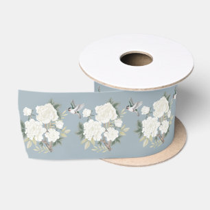 Dusty Blue White Chinoiserie Porcelain Flora Bird Satinband
