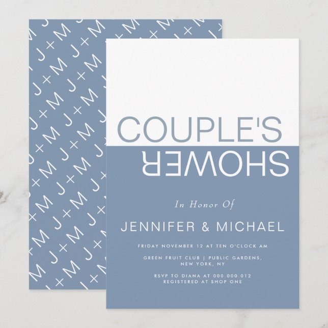 Dusty blue white colorblock couples wedding shower einladung (Vorne/Hinten)