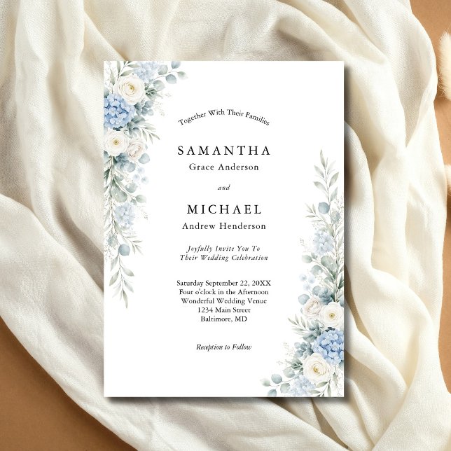 Dusty Blue White Cream Florals Wedding Einladung (Dusty blue and cream white watercolor florals modern elegant wedding invitation)