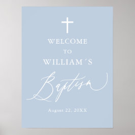 Dusty Blue White Cross Boy Baptism Welcome Sign Poster