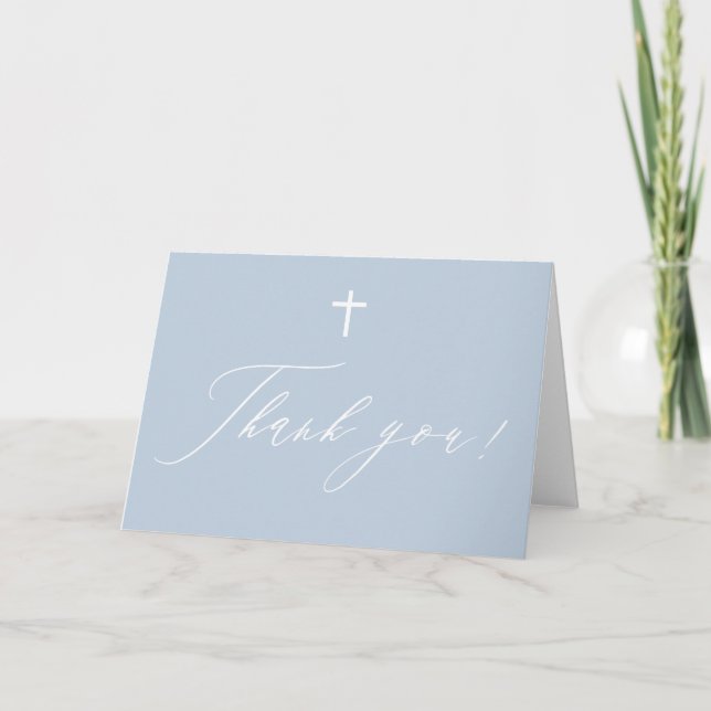 Dusty Blue White Cross Taufe Danke Karte (Vorderseite)