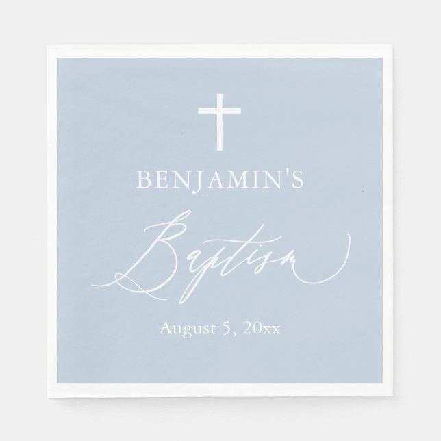 Dusty Blue White Cross Taufe Papier Napkins Serviette (Vorderseite)