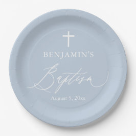 Dusty Blue White Cross Taufe Party Teller