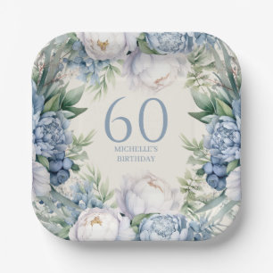 Dusty Blue White Floral 60. Geburtstag Pappteller