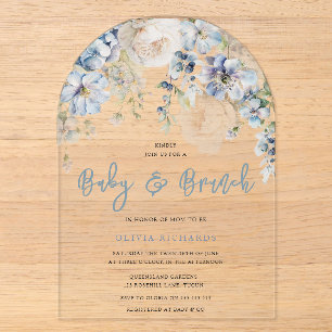Dusty Blue & White Floral Baby Dusche Brunch Acryleinladungen