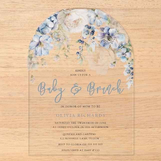 Dusty Blue & White Floral Baby Dusche Brunch Acryleinladungen (Vorderseite)