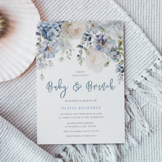 Dusty Blue & White Floral Baby Dusche Brunch Einladung (Von Creator hochgeladen)