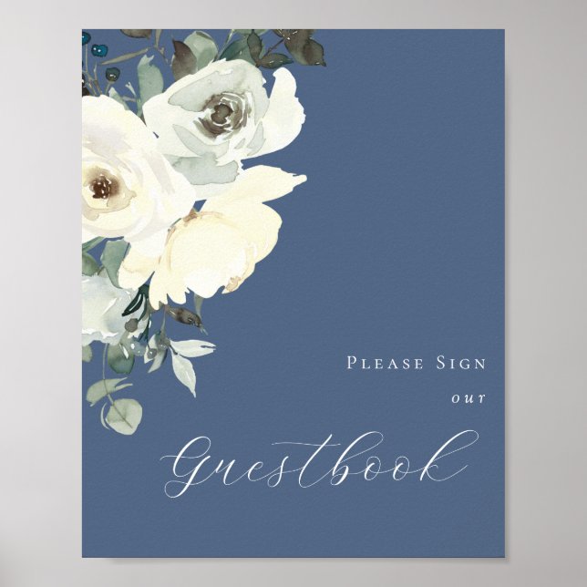 Dusty Blue & White Floral - Blue Gästebuchuntersch Poster (Vorne)