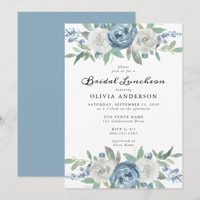 Dusty Blue & White Floral Bridal Luncheon Einladung (Vorne/Hinten)