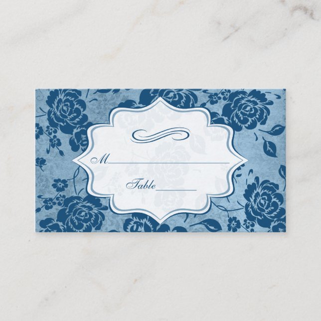 Dusty Blue, White Floral Damask Platzkarten (Vorderseite)