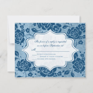 Dusty Blue, White Floral Damask Wedding RSVP Card Karte