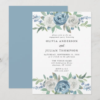 Dusty Blue & White Floral Engagement Party Einladung