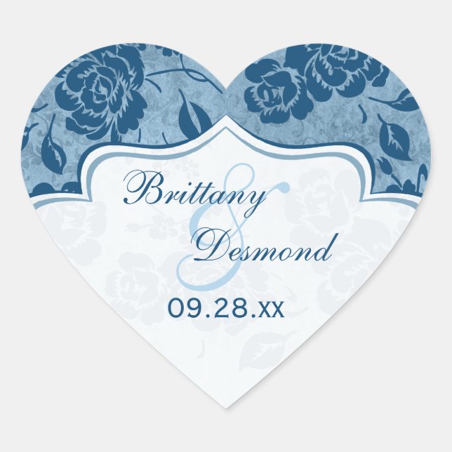 Dusty Blue, White Floral Gastgeschenk Hochzeit Sti Herz-Aufkleber (Vorderseite)