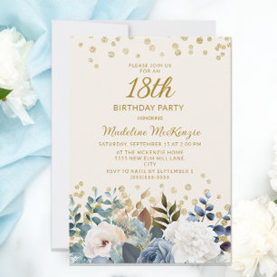 Dusty Blue White Floral Gold 18. Geburtstag Einladung