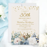 Dusty Blue White Floral Gold 30. Geburtstag Einladung<br><div class="desc">Elegante,  staubige Rosen,  Blumen und Grünpflanzen - Party Einladung zum 30. Geburtstag von Frauen mit goldenem Glitzer. Diese Einladung ist beidseitig bedruckt. Kontaktieren Sie mich,  um Hilfe bei Ihren Anpassungen zu erhalten oder um zusätzliche Matching oder Koordination von Zazzle-Produkten für Ihr Party anzufordern.</div>