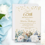 Dusty Blue White Floral Gold 60. Geburtstag Einladung<br><div class="desc">Elegante,  staubige Rosen,  Blumen und Grünpflanzen laden zum 60. Geburtstag von Frauen mit goldenem Glitzer ein. Diese Einladung ist beidseitig bedruckt. Kontaktieren Sie mich,  um Hilfe bei Ihren Anpassungen zu erhalten oder um zusätzliche Matching oder Koordination von Zazzle-Produkten für Ihr Party anzufordern.</div>
