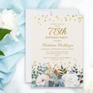 Dusty Blue White Floral Gold 75. Geburtstag Einladung