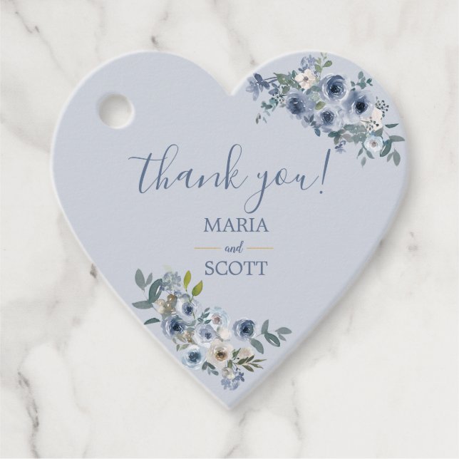 Dusty Blue White Floral Gold Gastgeschenk Hochzeit Geschenkanhänger (Vorderseite)